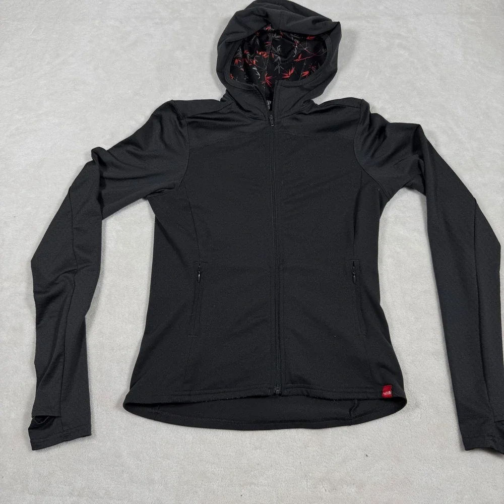 North Face Women XSmall Black Hooded Performance Jacket Bamboo Print Activewear